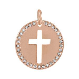 14k Rose Gold and 0.08 Ctw Diamond Disc Cross Charm or Pendant, 12mm